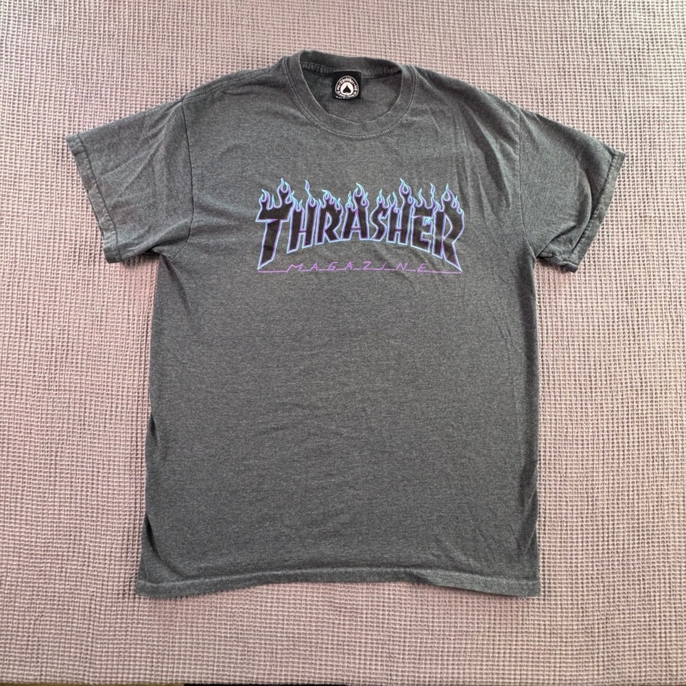 Thrasher Magazine T Shirt Men's Medium Skateboarding Flame Logo Graphic Tee Gray
